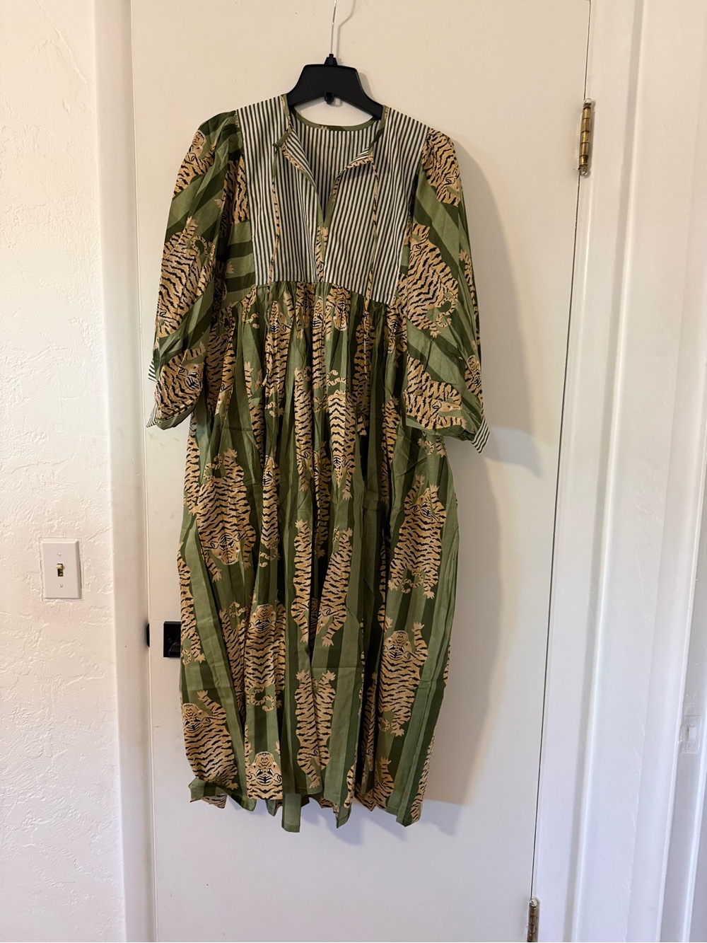 Green Printed Midi Dress with Striped Yoke